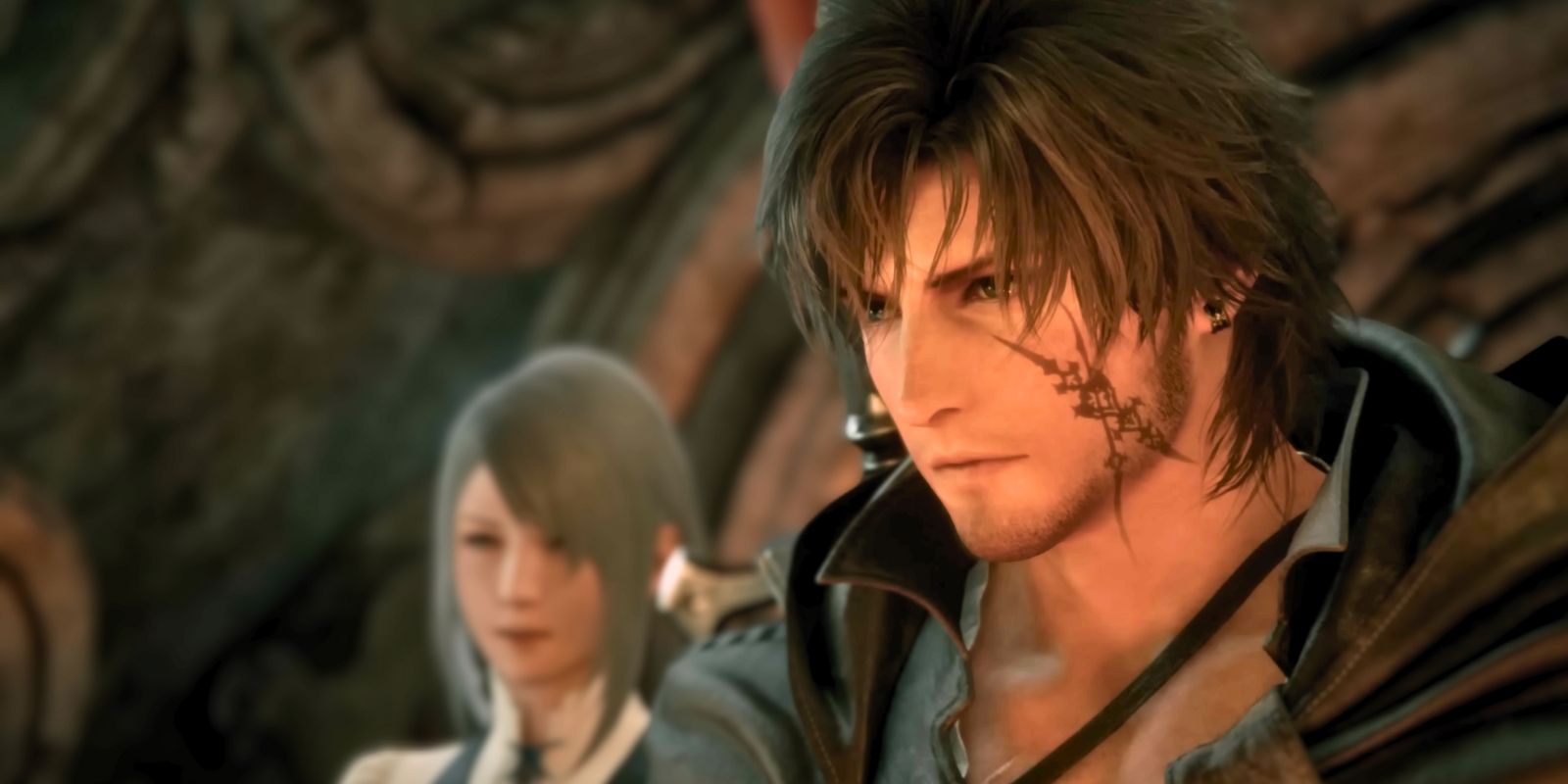 Clive em Final Fantasy 16, com Jill ao fundo.