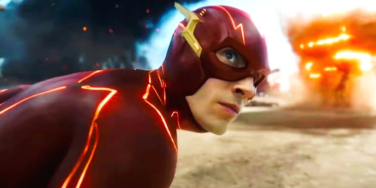 Close up of Ezra Miller as The Flash looking over his shoulder