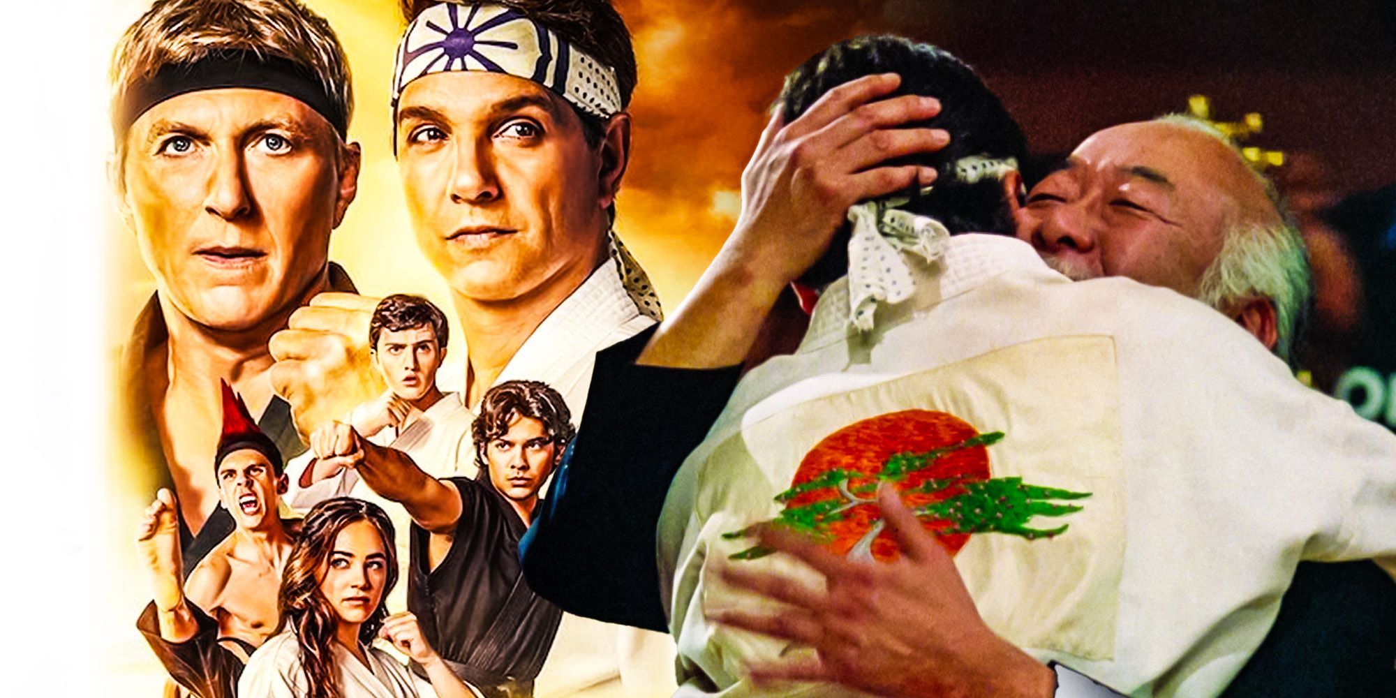 Cobra Kai poster and a scene from The Karate Kid