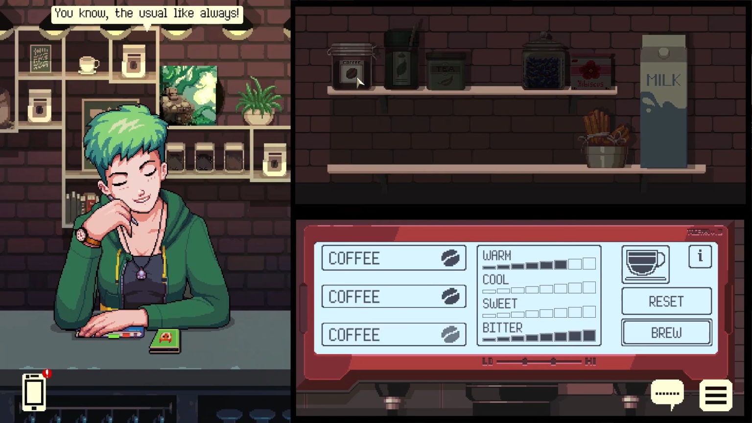Tangkapan layar dari Coffee Talk Episode 2 Hibiscus and Butterly, menampilkan antarmuka pembuat kopi saat pelanggan duduk di konter