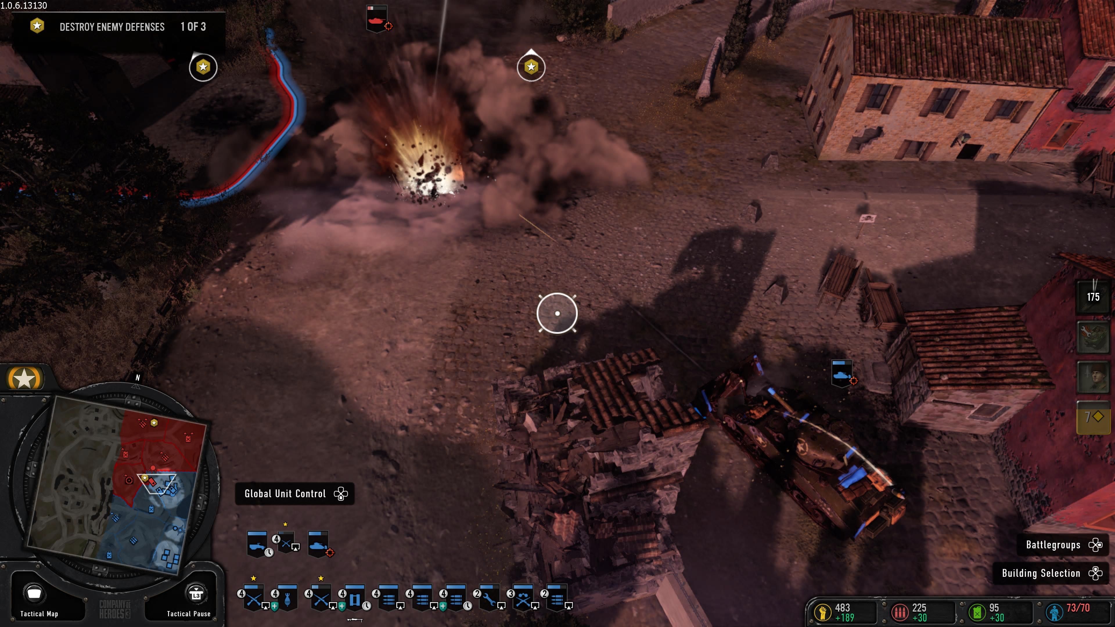 Screenshot of a Company of Heroes firefight in which a tank is being blown up.