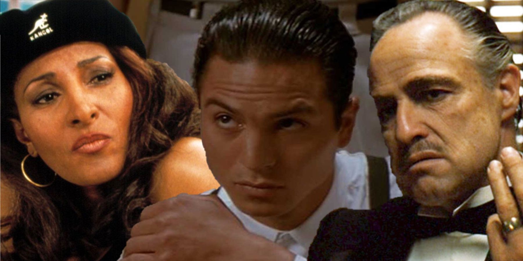 Collage of Jackie Brown, Blood In Blood Out, and The Godfather