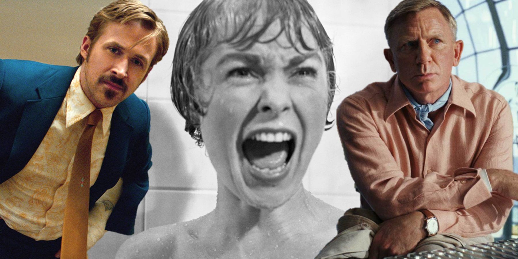 Collage of Ryan Gosling in The Nice Guys, Janet Leigh in Psycho, and Daniel Craig in Glass Onion