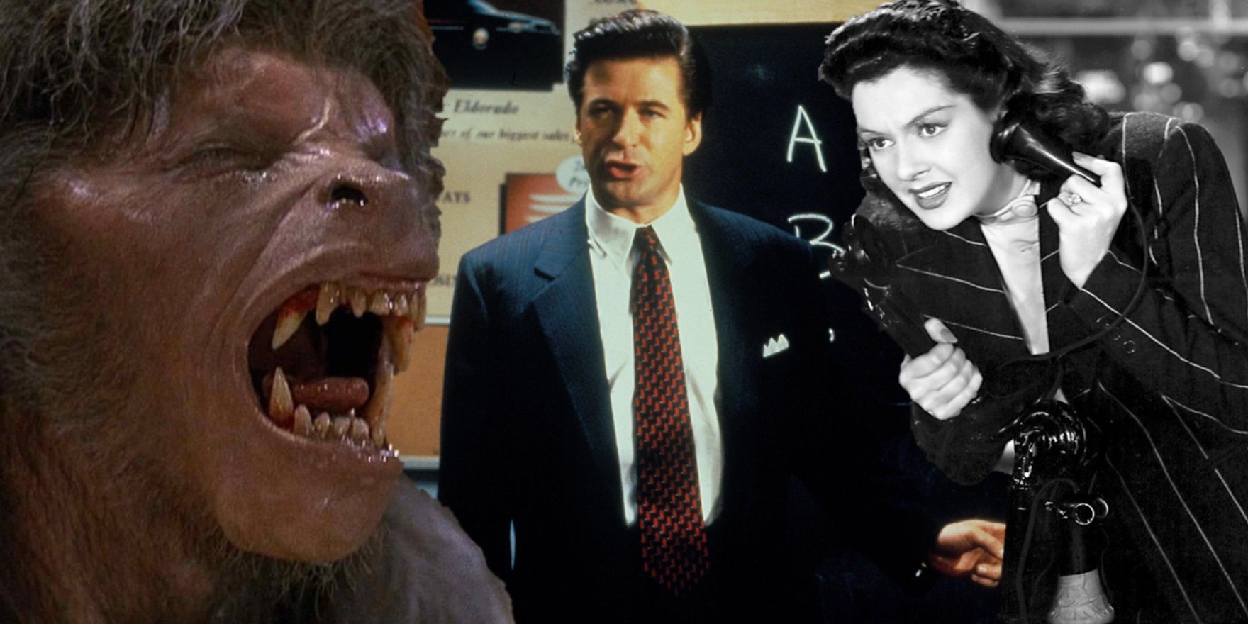 Collage of the werewolf in An American Werewolf in London, Alec Baldwin in Glengarry Glen Ross, and Rosalind Russell in His Girl Friday