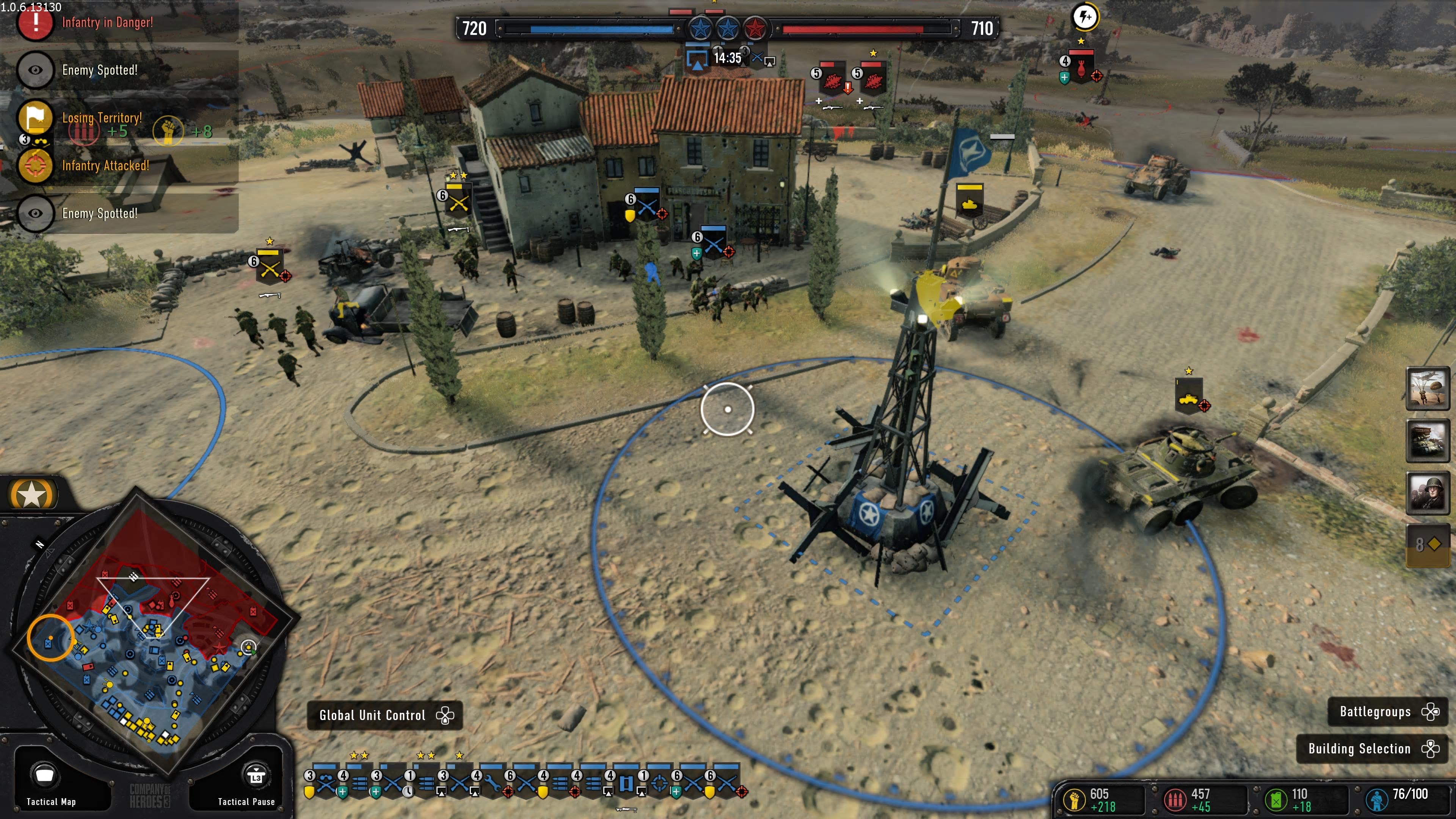 In-game screenshot of a Company of Heroes 3 skirmish. Tanks and ground troops surround an objective in a town square, while the mini map in the corner shows which factions control sectors of the battlefield.