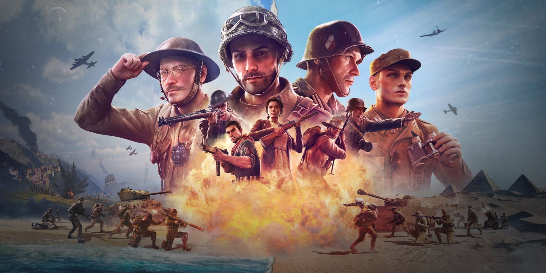 Key art for Company of Heroes 3, showing a group of Allied and Axis soldiers alongside Italian resistance fighters, highlighting the game's two single player campaigns.