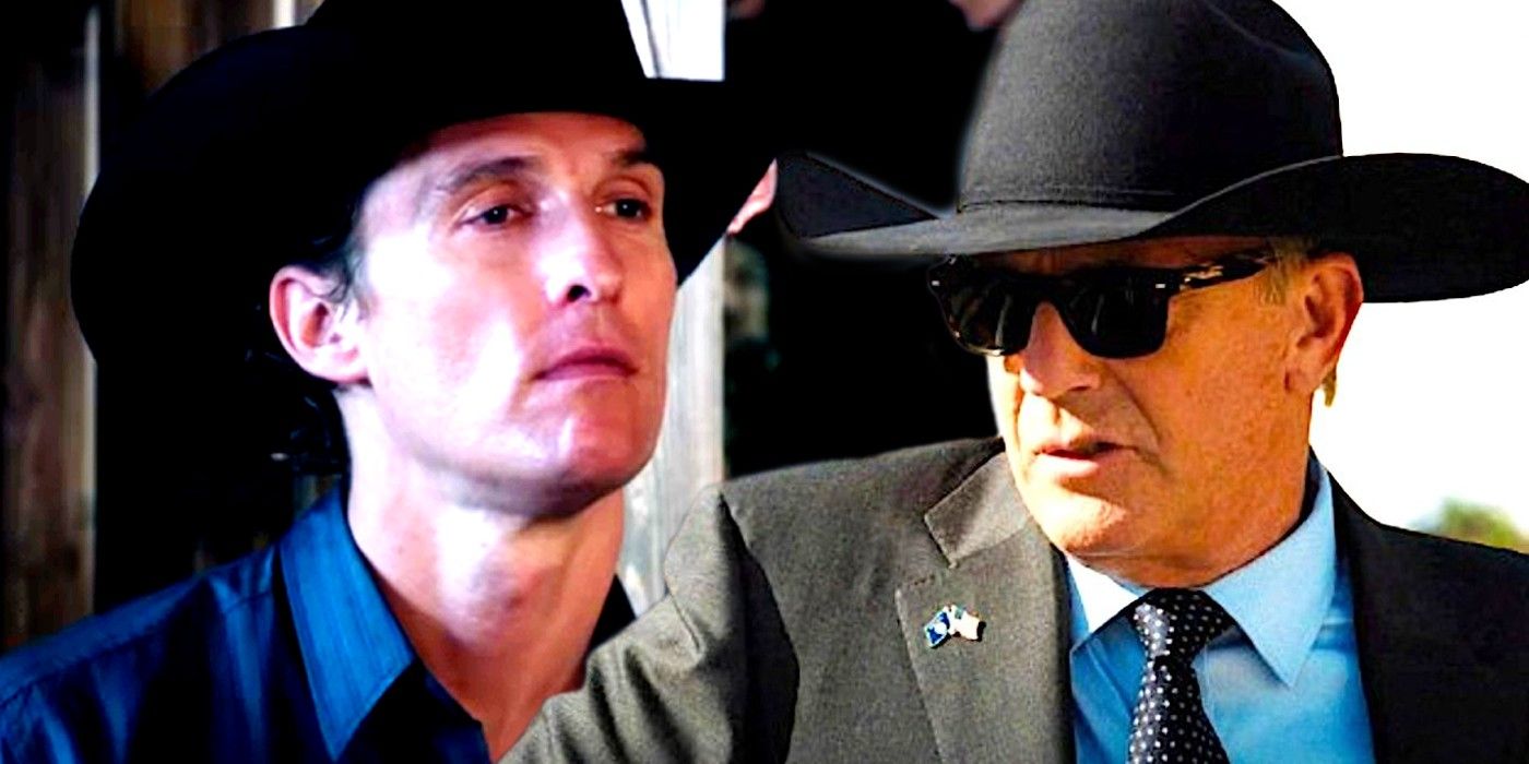 Image of Matthew McConaughey wearing a cowboy hat in Killer Joe and Kevin Costner as John Dutton wearing a cowboy hat in Yellowstone