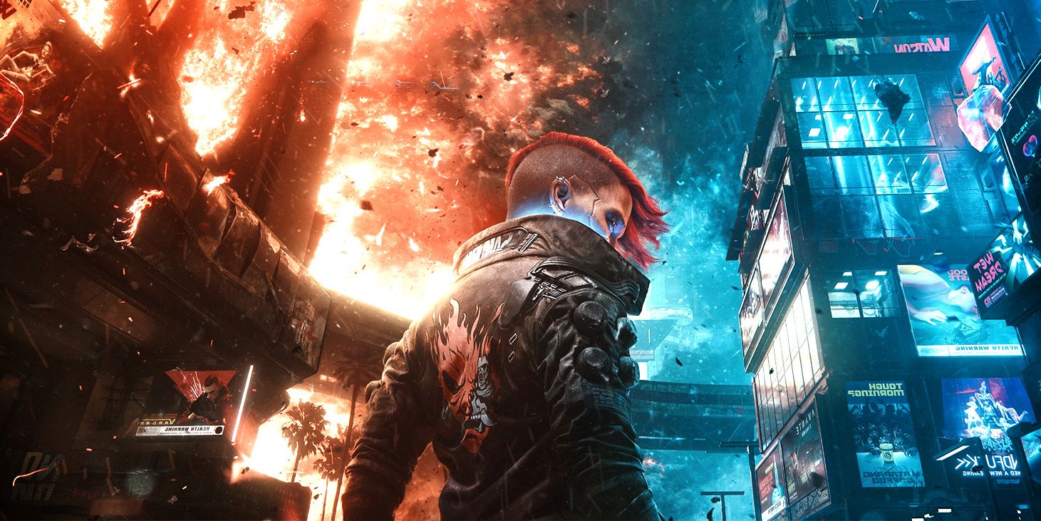 Cyberpunk 2077&rsquo;s V standing in Night City, with the left side engulfed in flames and the right side lit with blue neon lights.