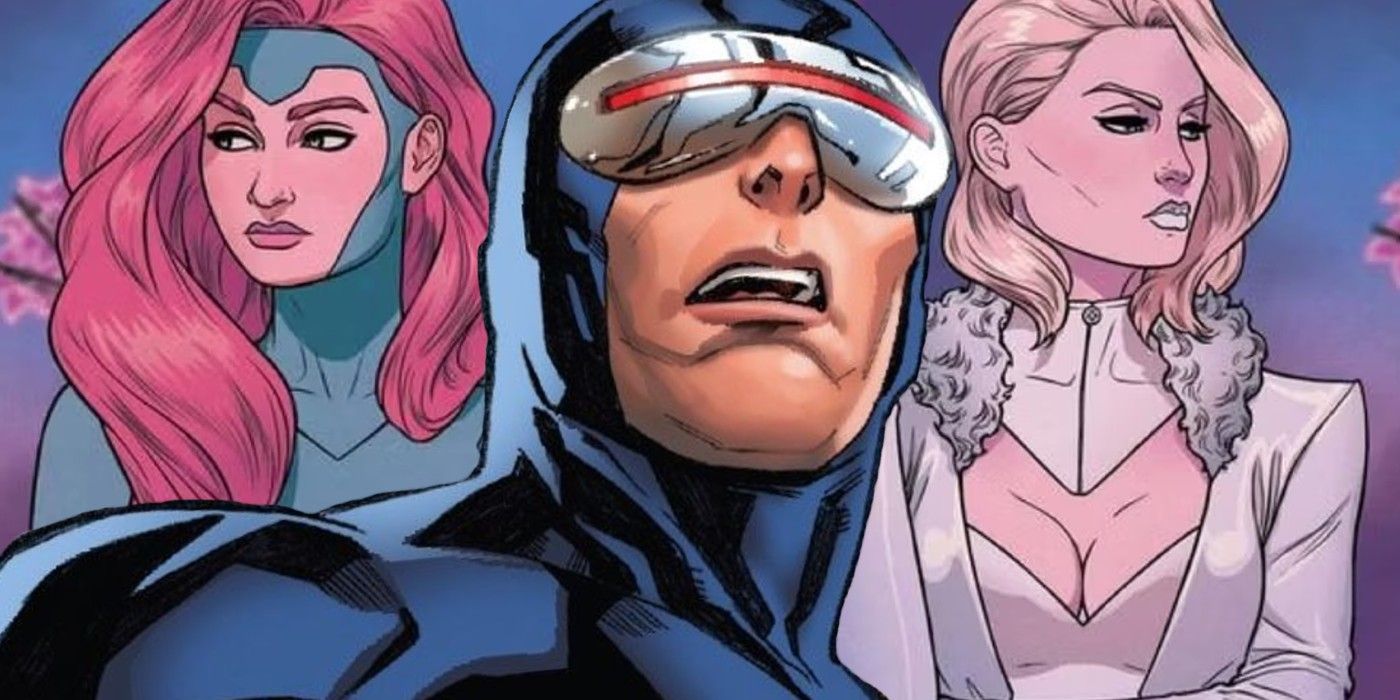 A split image of Cyclops, Jean Gray, and Emma Frost