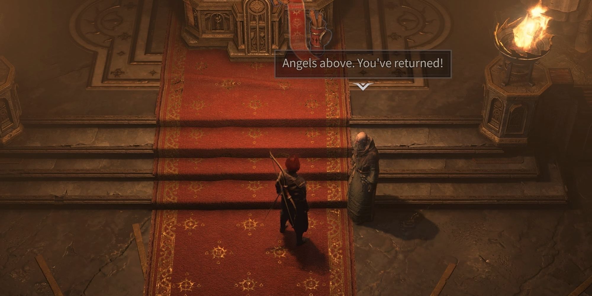 Karakter pemain berbicara kepada seorang pendeta di depan altar berkarpet merah Katedral Cahaya di Diablo 4. Dalam gelembung ucapan, pendeta itu berkata, 