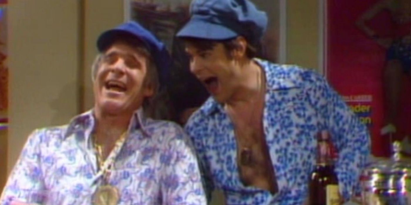 Dan Aykroyd and Steve Martin laugh as the Festrunk Brothers on SNL