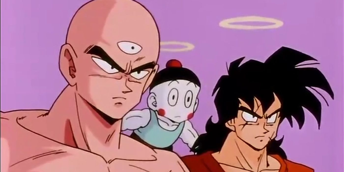 Dragon Ball Z's Tien, Chiaotzu, and Yamcha with halos from dying.