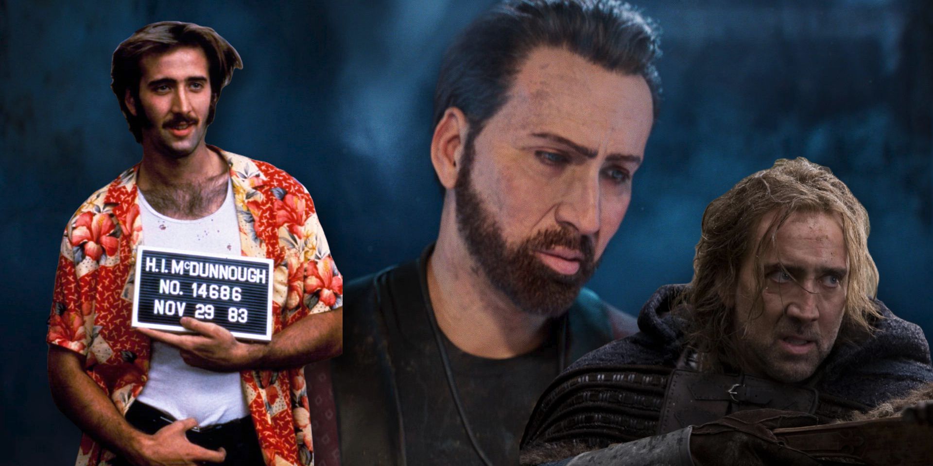 A collage of Nicolas Cage characters: a mugshot of H.I. McDunnough in Raising Arizona, a contemplative Nicolas Cage (as himself) in DBD, and the knight Behmen with a crossbow in Season of the Witch.