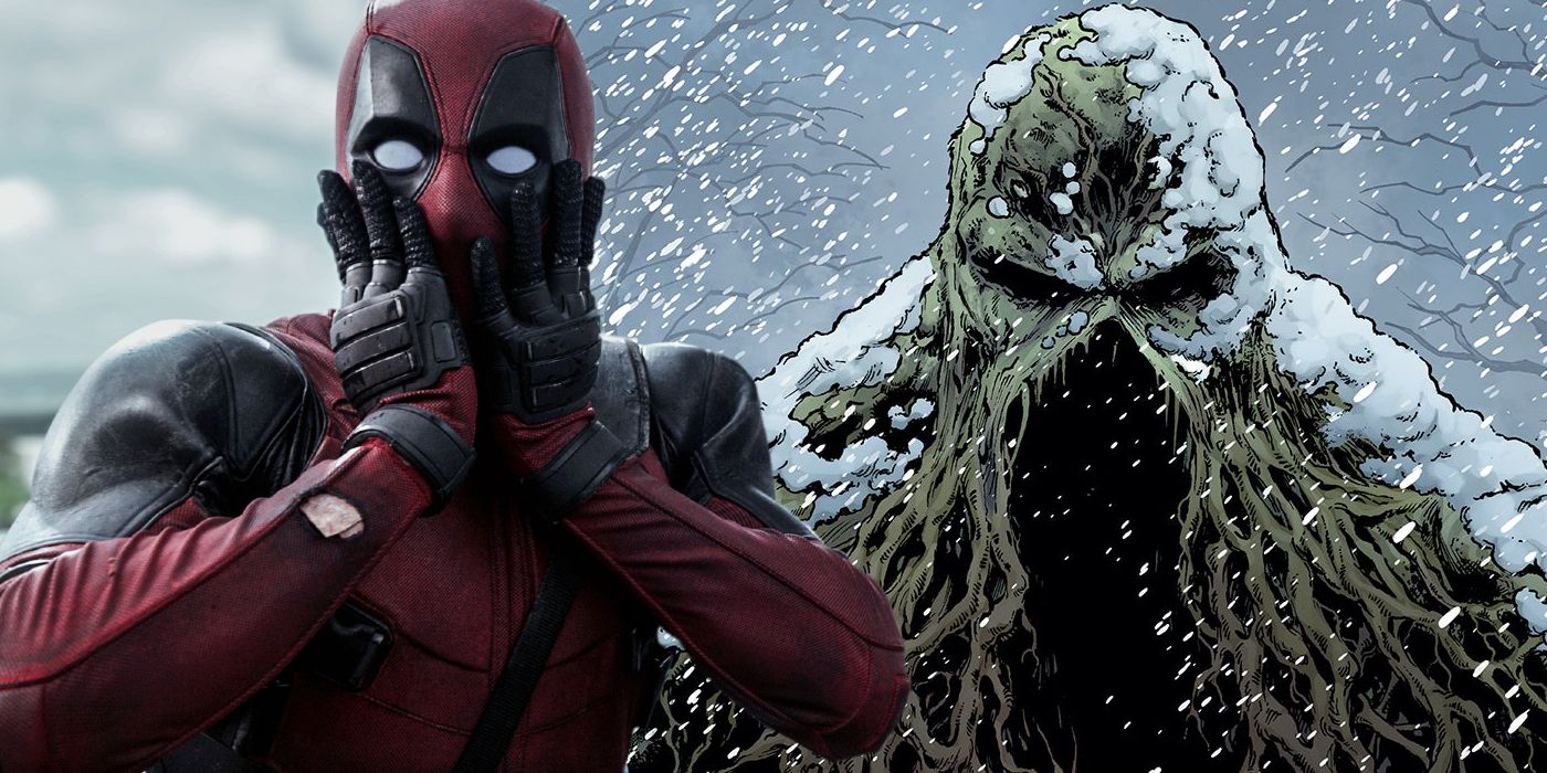 Deadpool con la cara entre las manos y el arte oficial de Swamp Thing para DCU