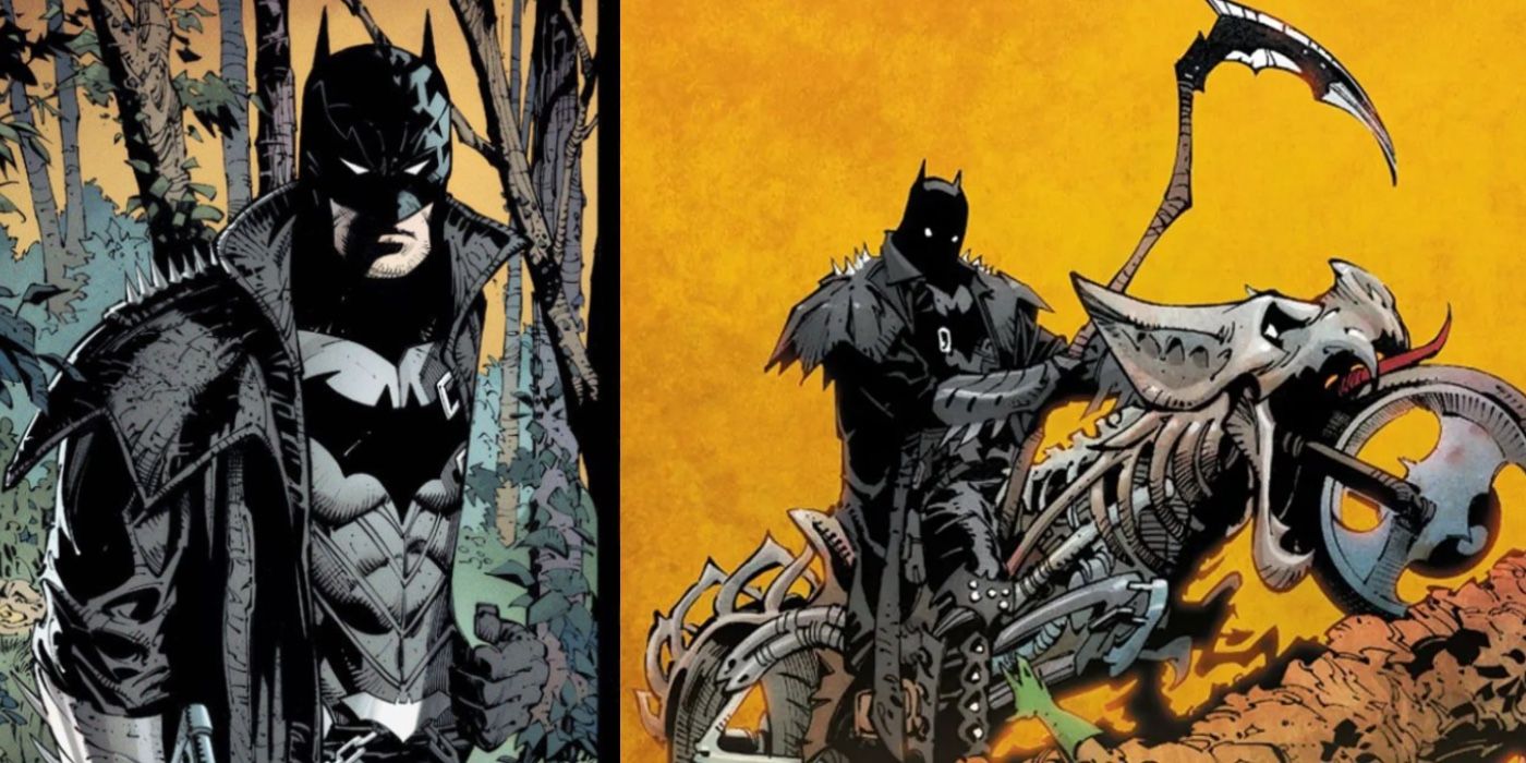 Death Metal Batman standing in forest and on a motorcycle