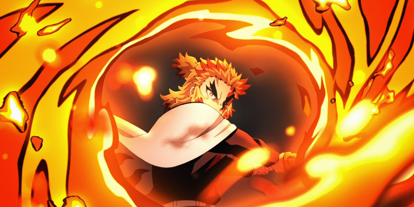 Rengoku do Demon Slayer usando Respiração de Chamas.