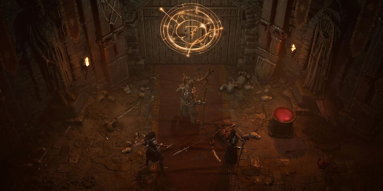 Personajes de Diablo 4 Dungeon frente a la puerta con runas