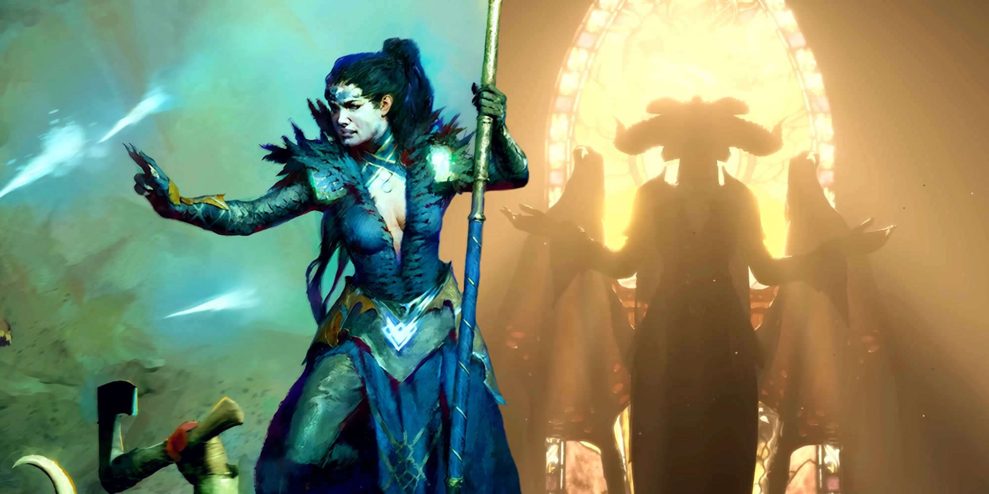 Seorang Penyihir Diablo 4 meluncurkan pecahan es ke monster di luar bingkai, diedit di sebelah siluet Lilith di depan jendela kaca patri.
