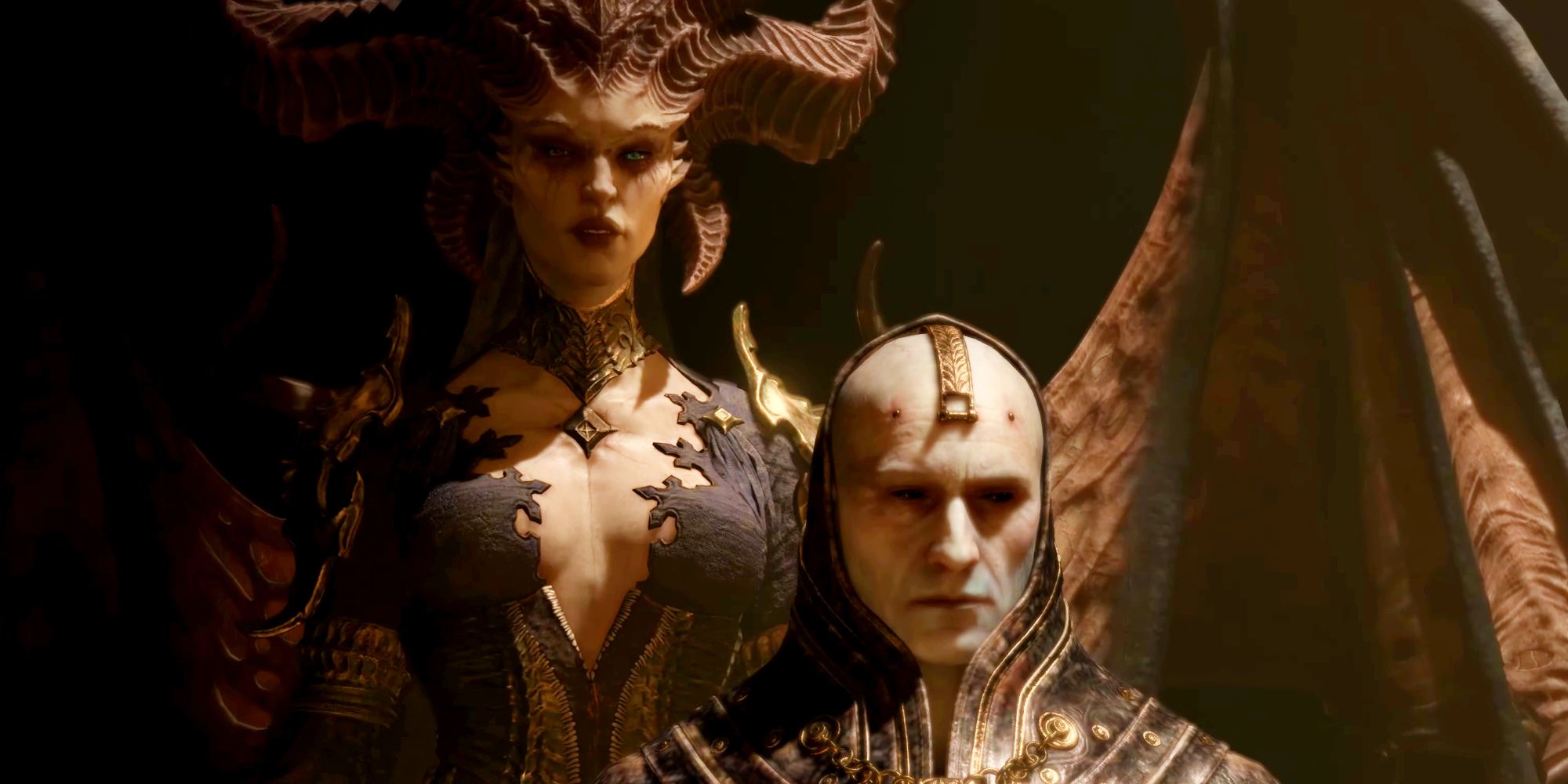 Lilith standing behind and towering over Elias in a cutscene from Diablo 4.