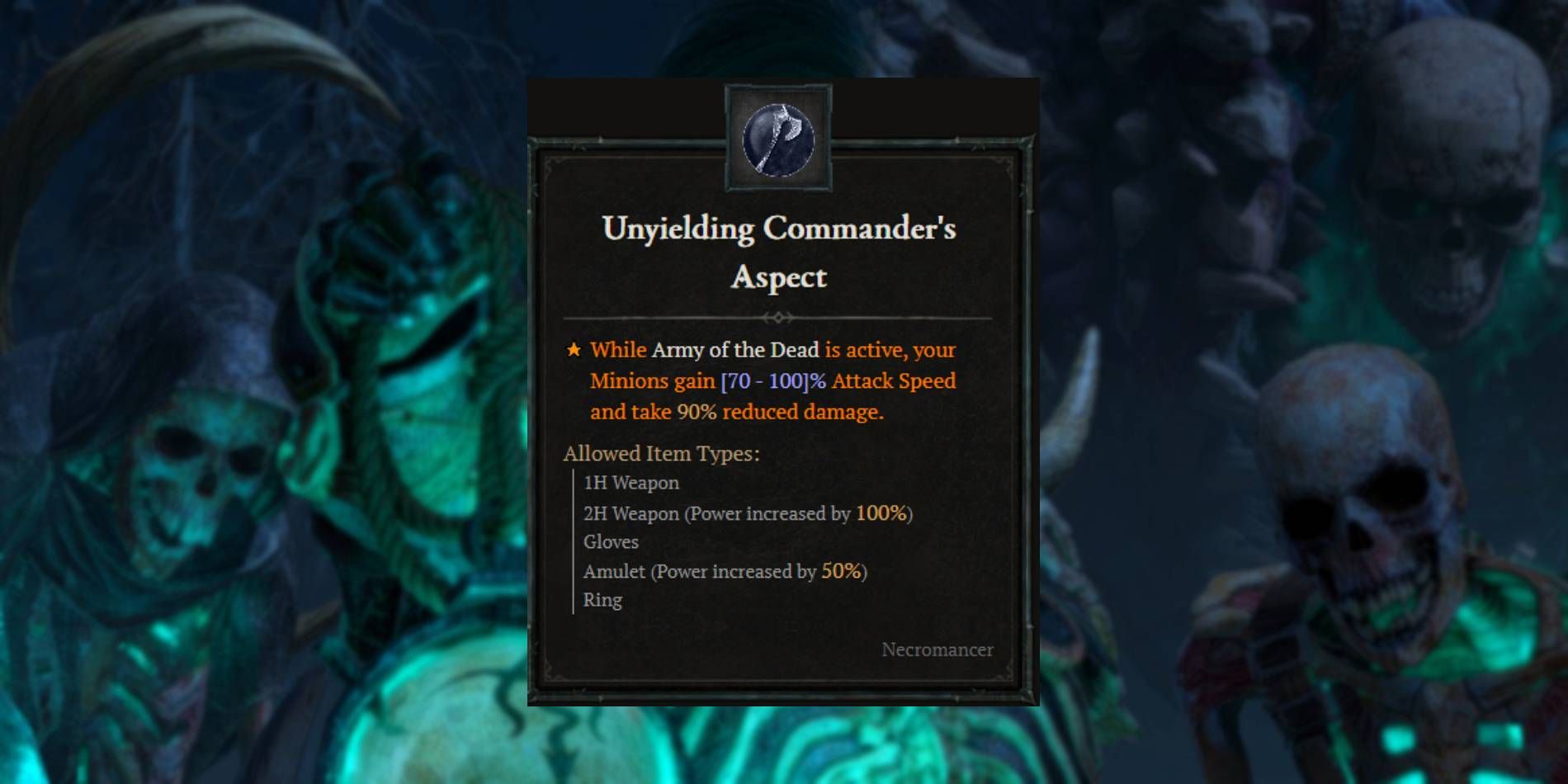 Diablo 4 Necromancer Unyielding Commander's Aspect from Codex of Power