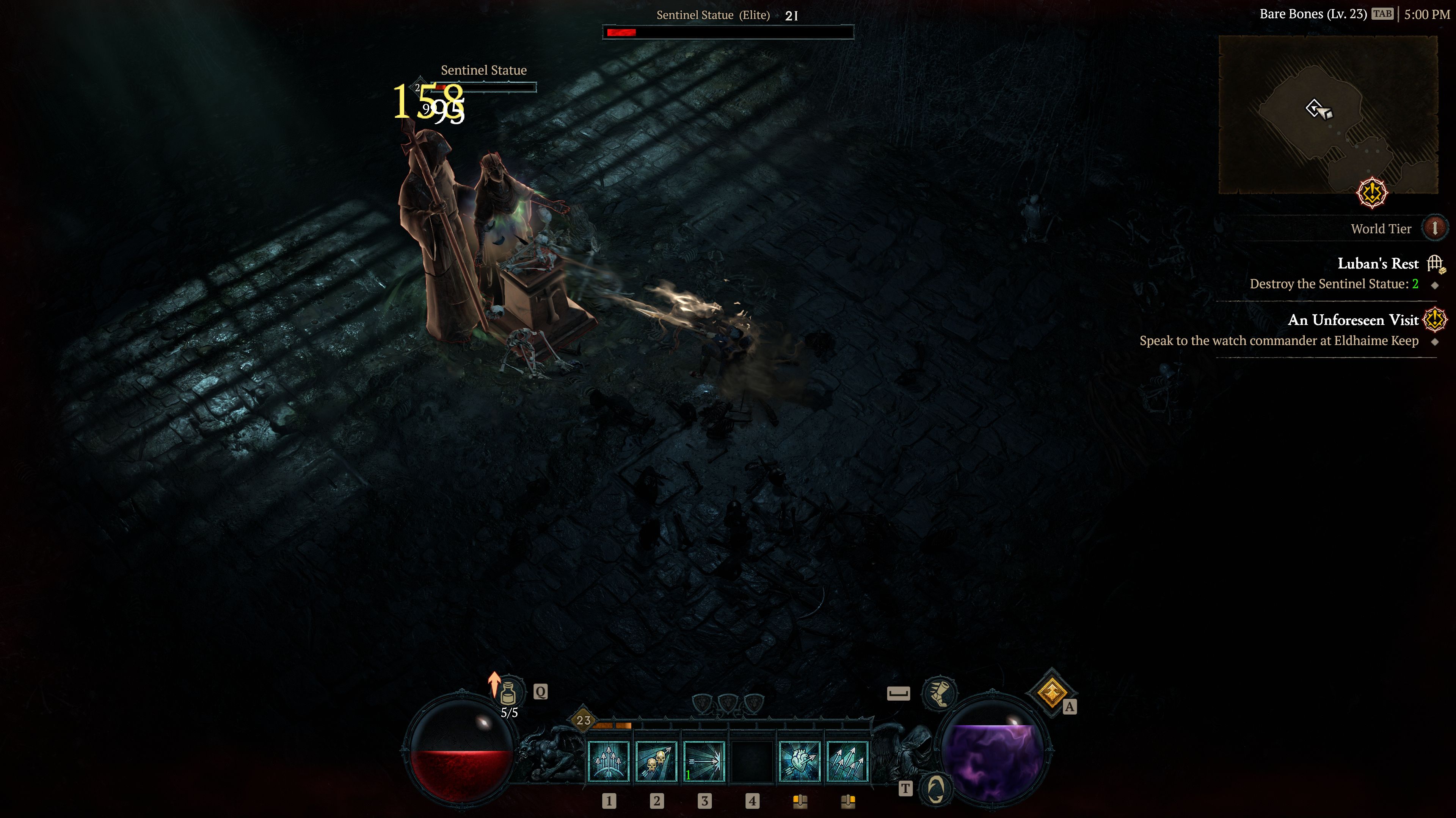 Diablo IV Rogue Player Menghancurkan Patung Sentinel Dengan Panah Api Cepat Di Ruang Bawah Tanah Luban