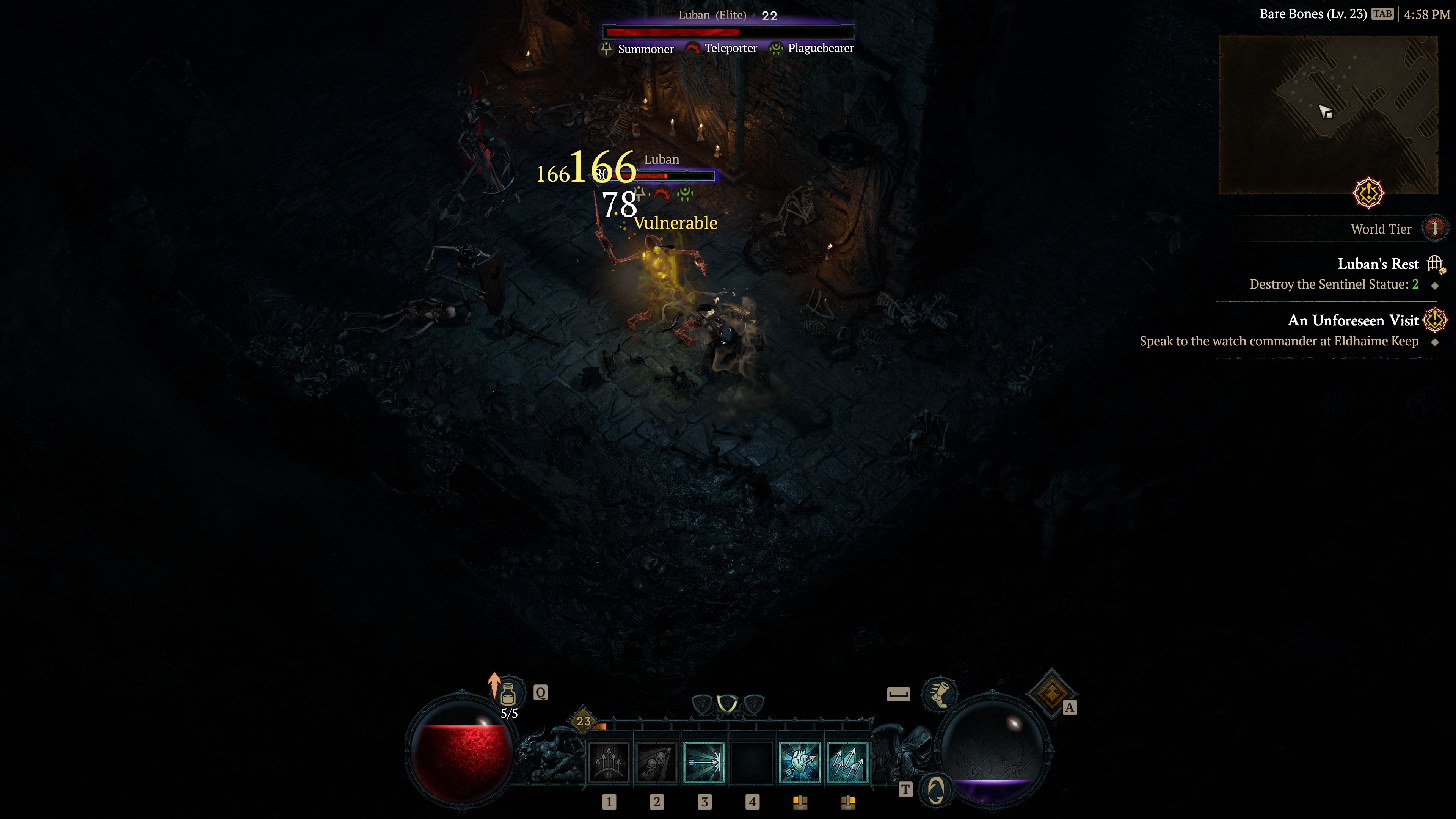 Diablo IV Rogue Player Menembak Luban Miniboss Dengan Rapid Fire Arrows Di Luban's Rest Dungeon