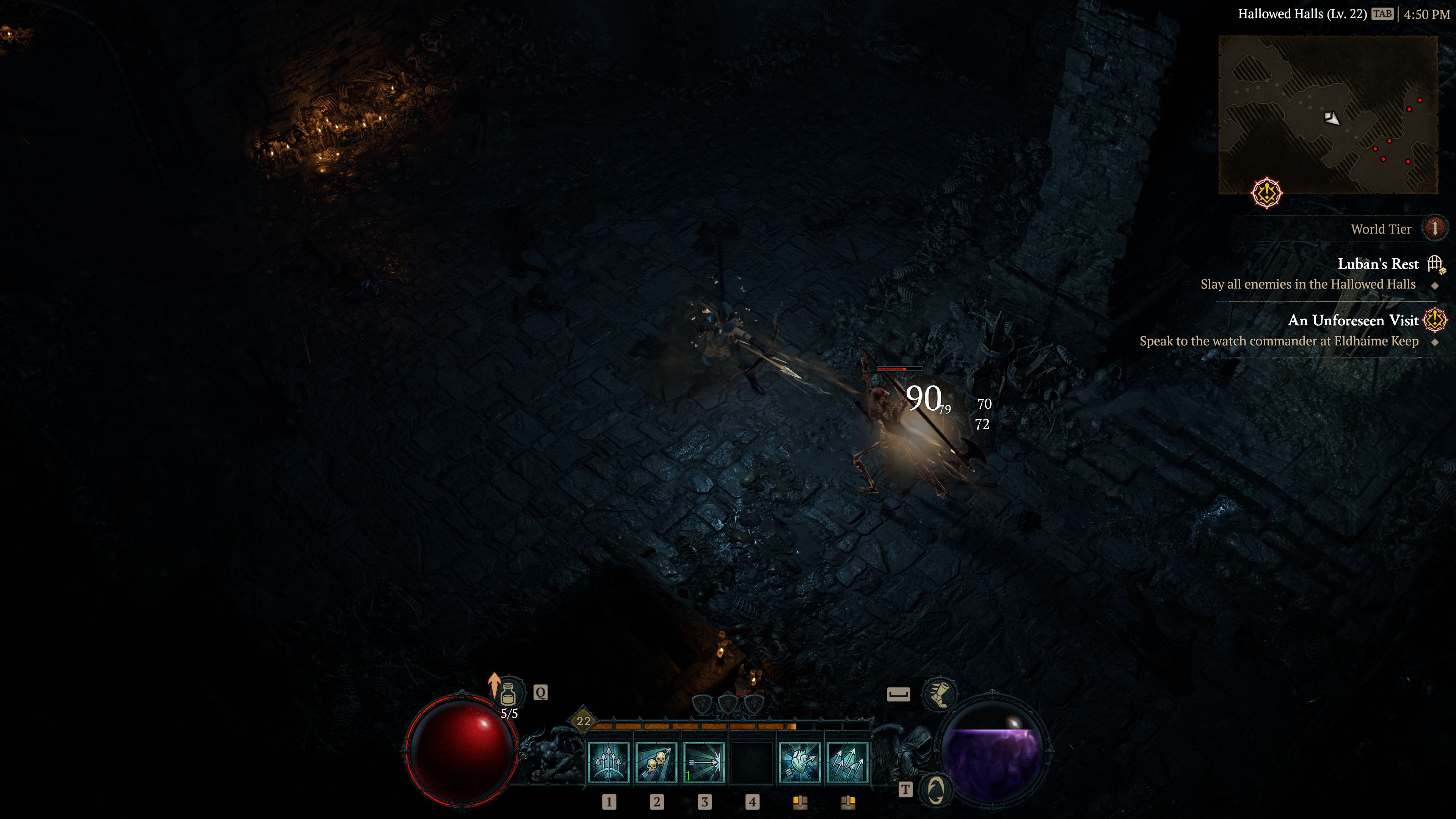 Diablo IV Rogue Player Striking Skeleton Dengan Rapid Fire Arrows Di Luban's Rest Dungeon