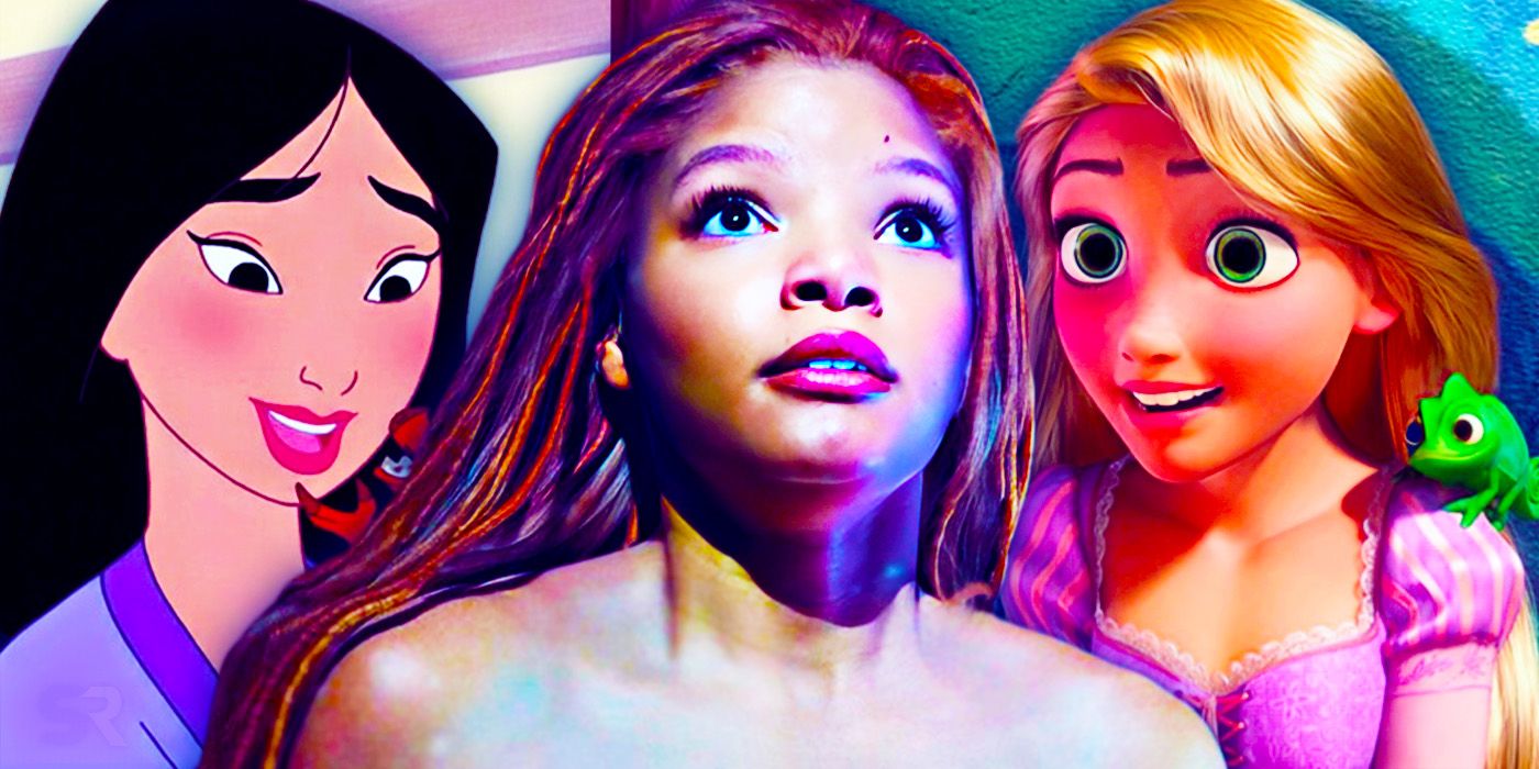 Composite image of Mulan, Halle Bailey as Ariel, and Rapunzel