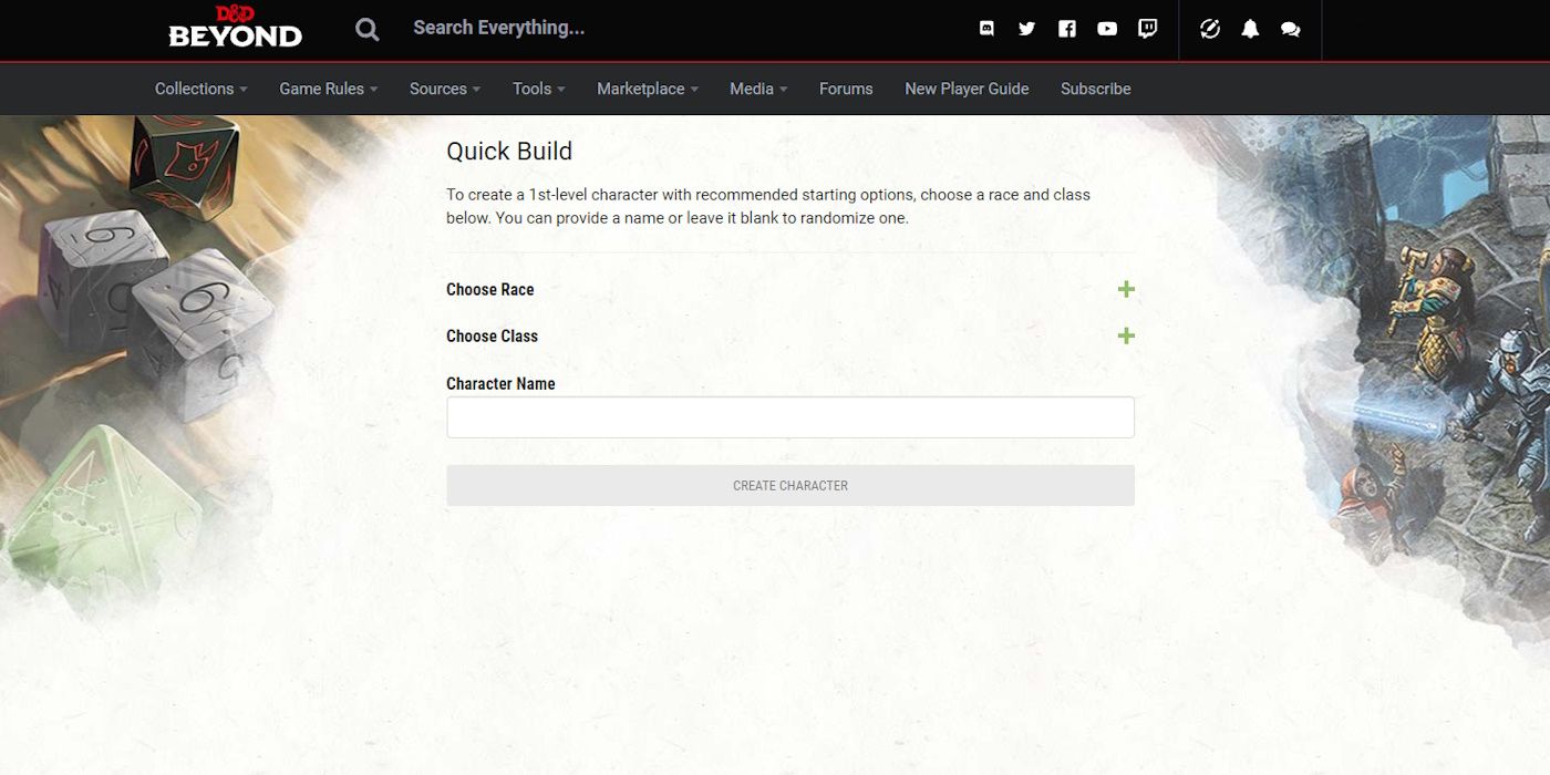 Screenshot of D&amp;D Beyond&rsquo;s quick build process showing how there are only three fields to enter