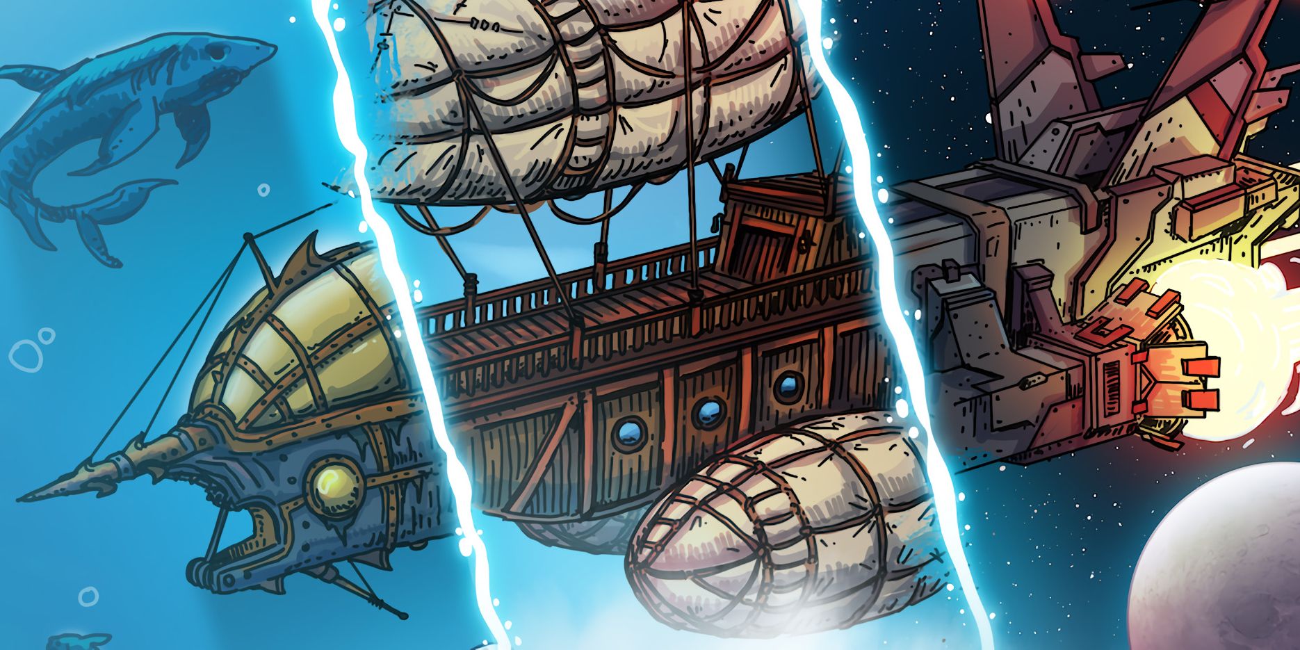 Key art for Sky Zephyrs, a new 5e supplement, showing three different Spelljammer ships mid-flight, spliced together to appear like one continuous image.