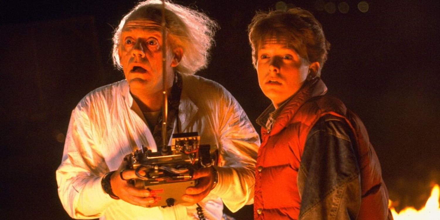 Doc and Marty looking surprised while experimenting with time machine in Back to the Future