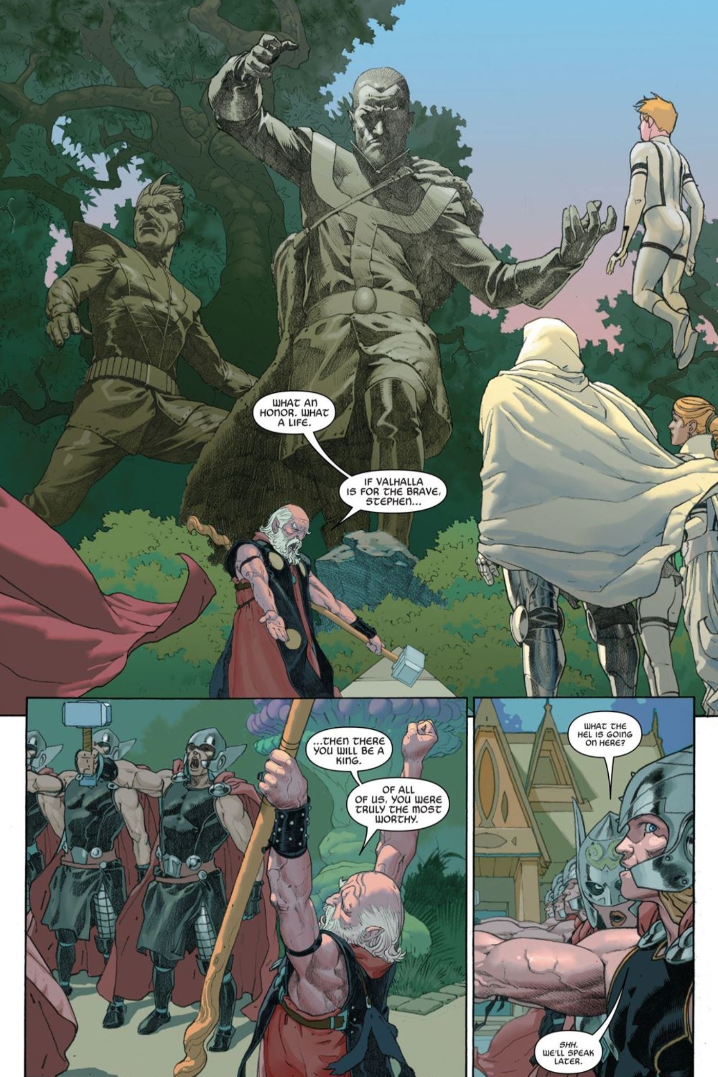 Doctor Strange being honored by a legion of Thors.