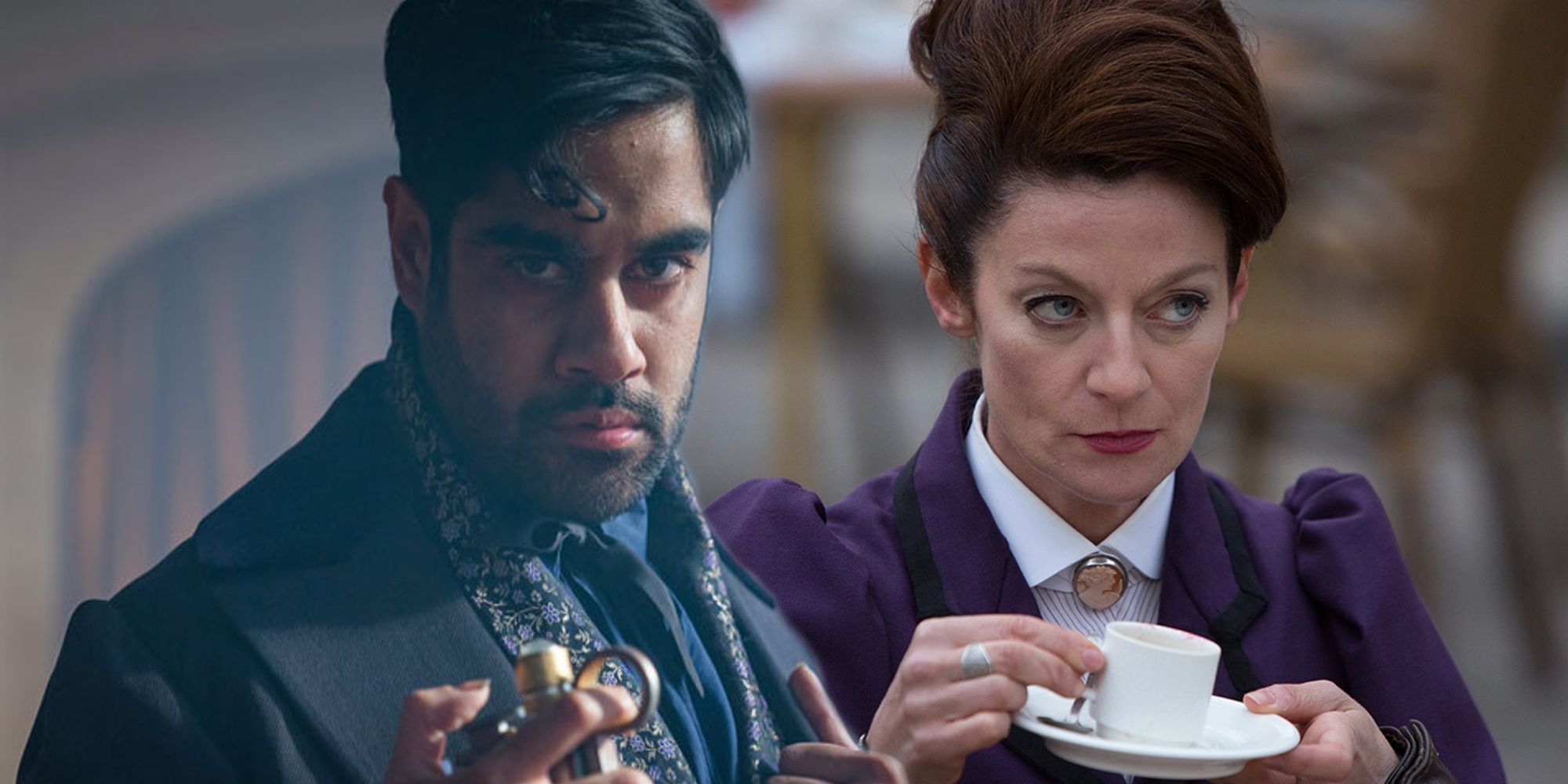 Sacha Dhawan as The Master holding a device and Michelle Gomez as Missy drinking a coffee in Doctor Who.