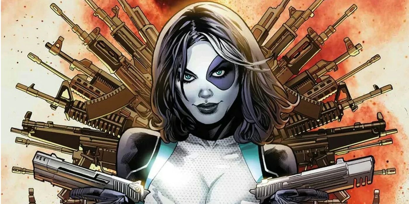 Marvel assassin Domino wielding two pistols, with a throne of rifles jutting out from behind her