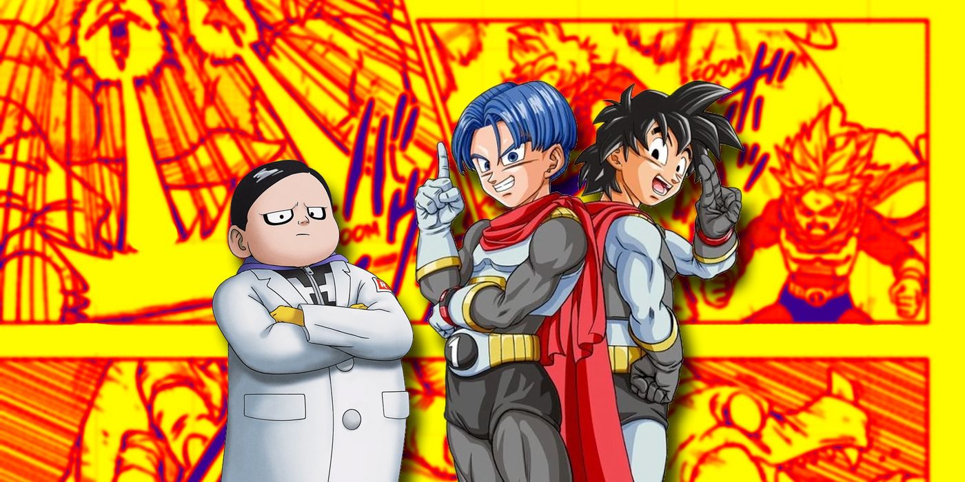 Dragon Ball Super's Dr. Hedo, Goten and Trunks in front of a manga panel