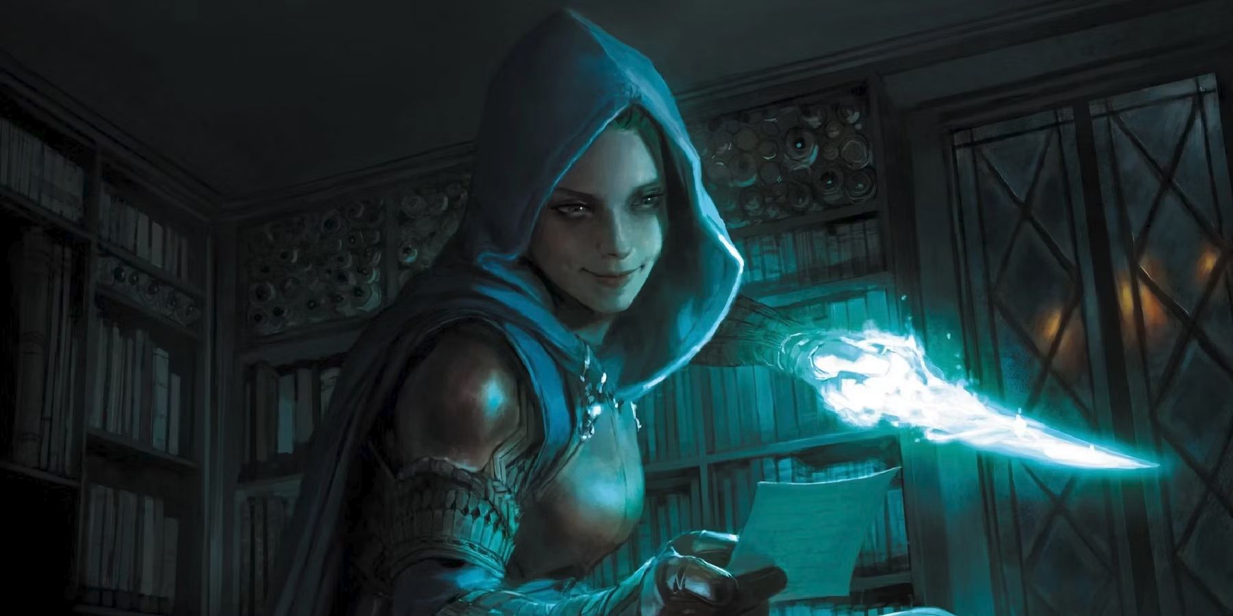 A hooded rogue winds up a strike with a blue-glowing dagger in artwork from Dungeons & Dragons.