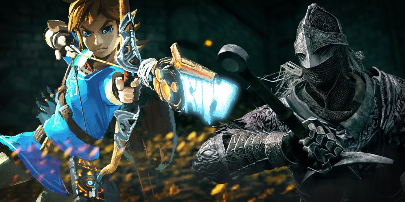 A picture of Link in his blue Breath of the Wild outfit, right next to a picture of the Tarnished wearing the Bloody Wolf set.