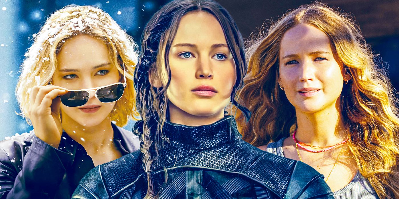 Collage of Jennifer Lawrence movie roles, from (left to right) Joy, The Hunger Games, and No Hard Feelings.