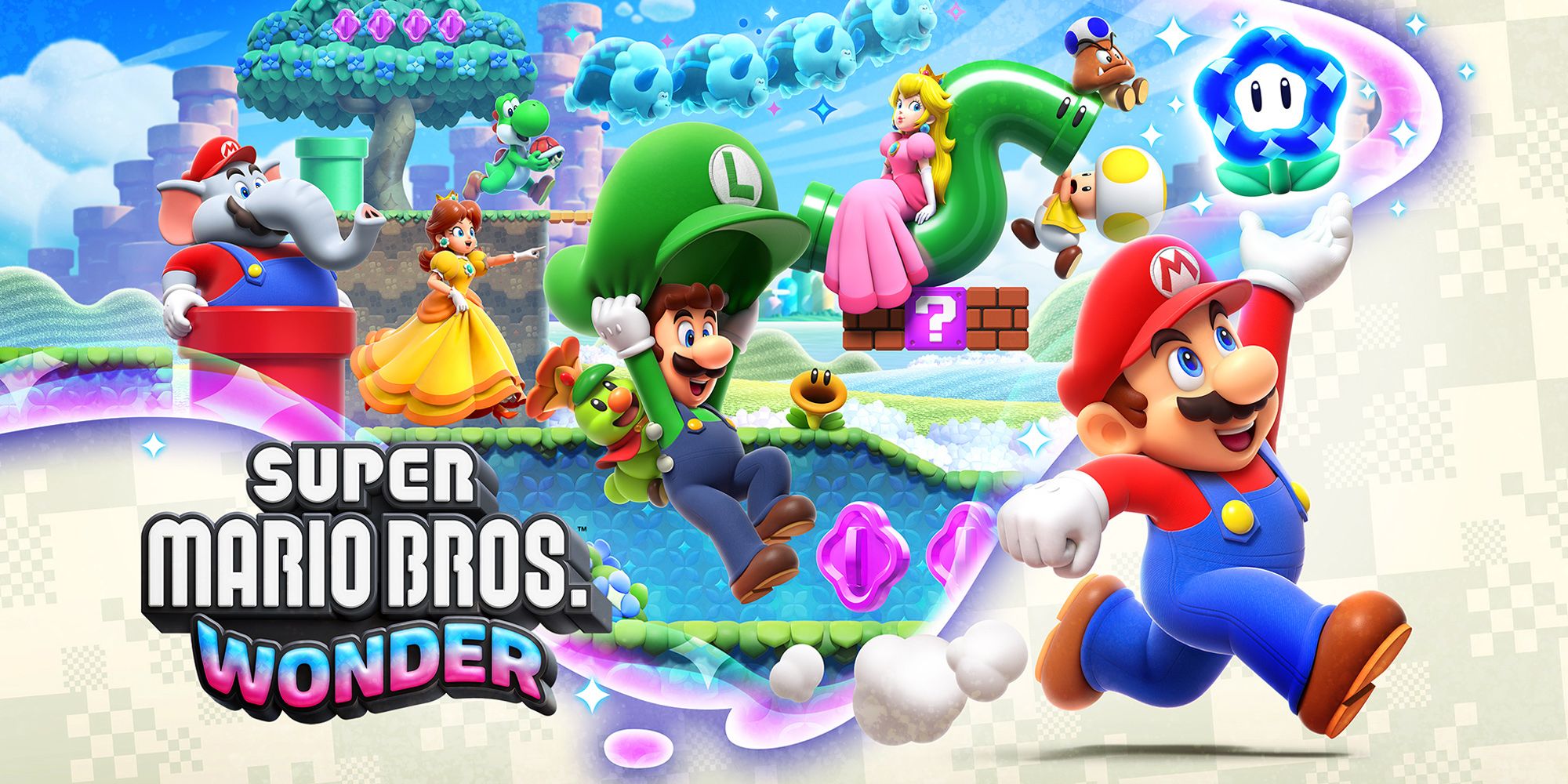 Mario, Luigi, Daisy, Peach, and Elephant Mario with the Super Mario Bros. Wonder logo.