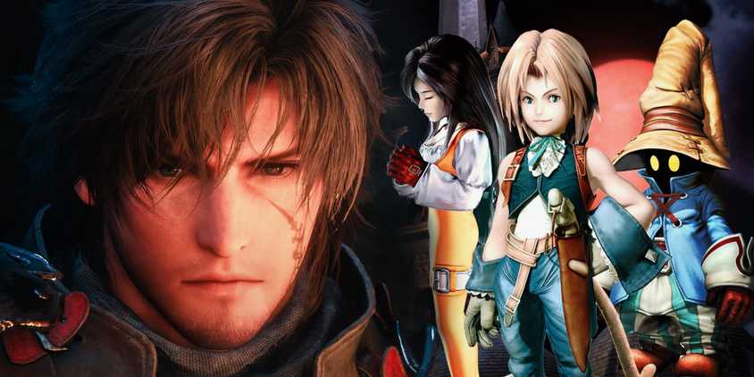 A close-up on Clive's face in Final Fantasy 16 on the left, with Final Fantasy 9's Dagger, Zidane, and Vivi to the right.