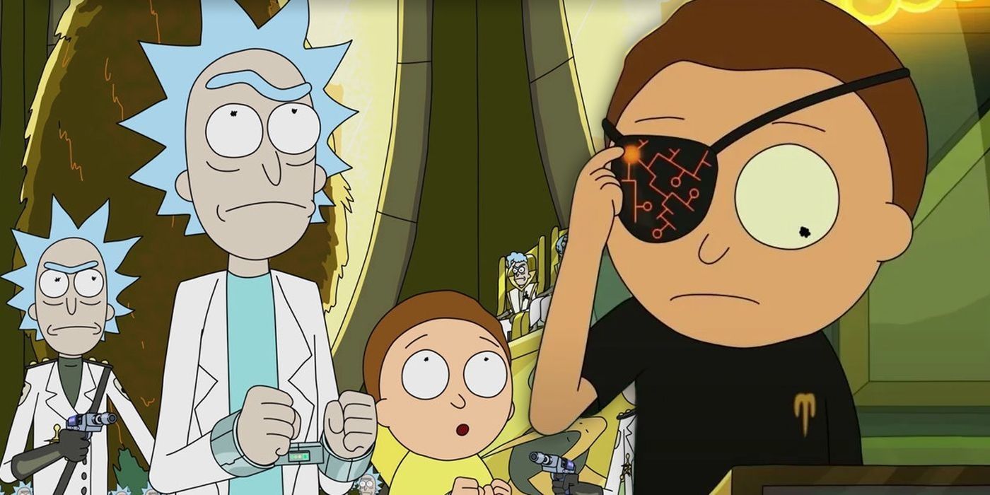 Rick and Morty handcuffed alongside Evil Morty adjusting his eyepatch