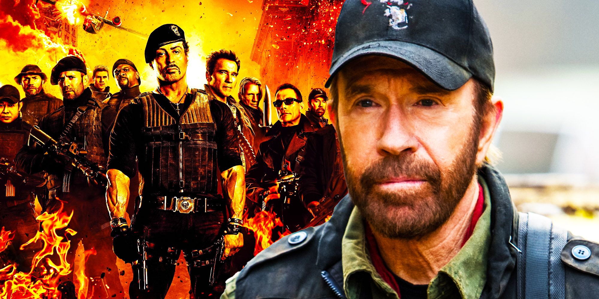 Collage of Chuck Norris and the Expendables cast