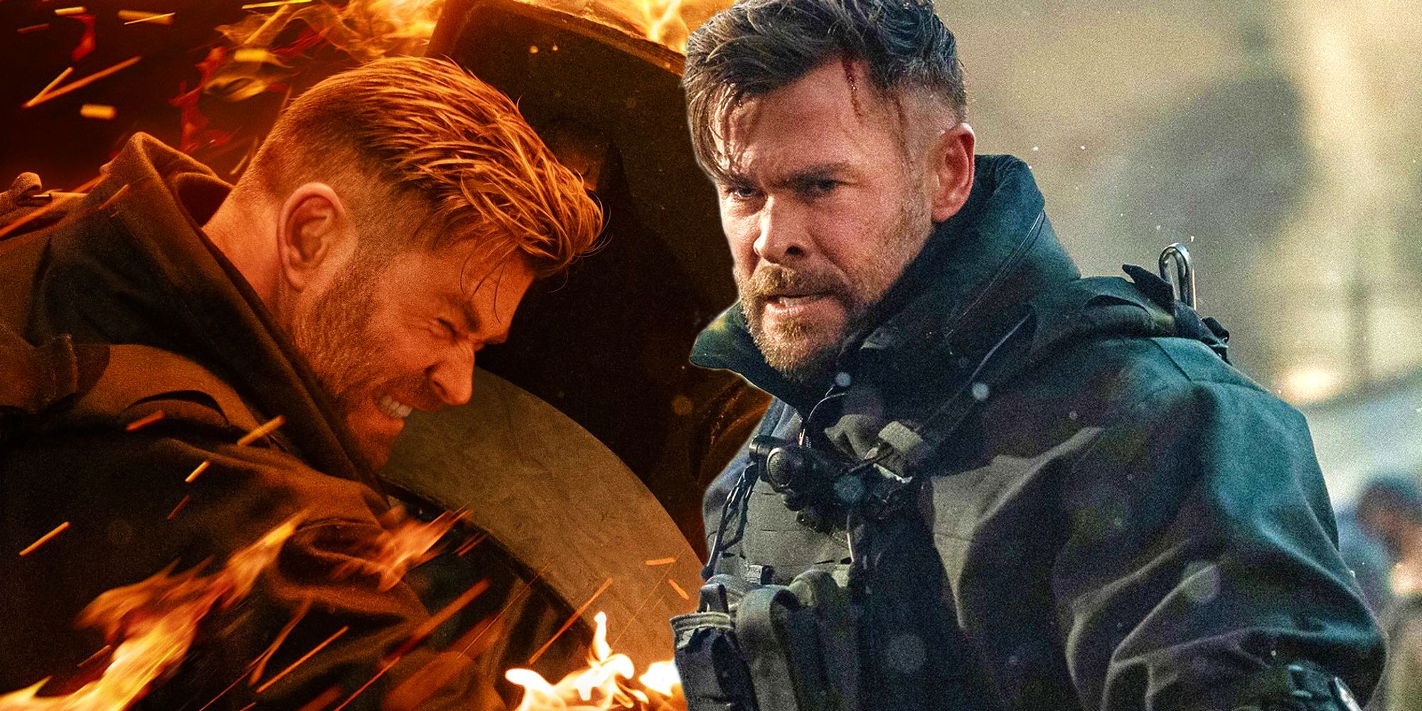 Chris Hemsworth's Tyler surrounded by flames in the Extraction 2 poster and ready for battle in the prison scene