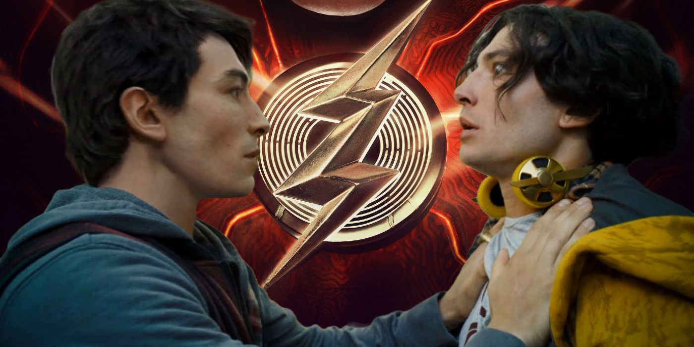 Ezra Miller as Two Barry Allens in Front of the Flash Emblem