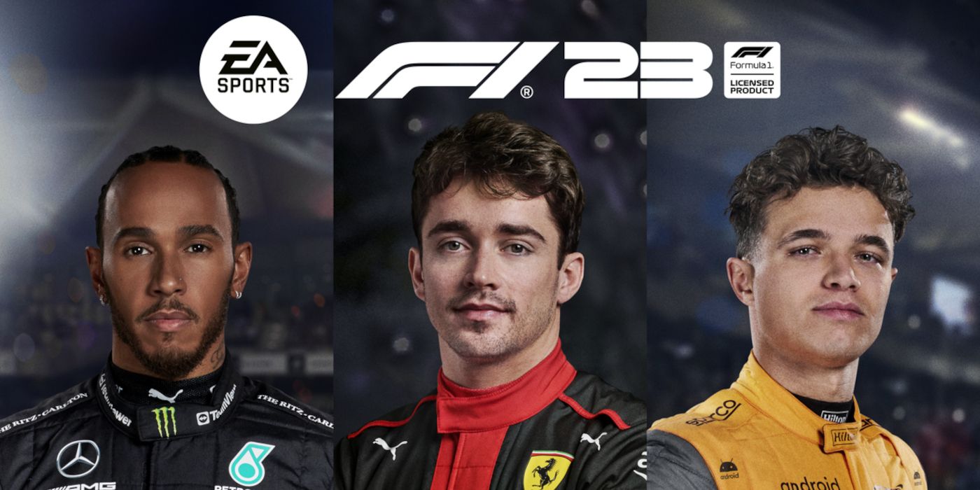 Artwork for the video game F1 23, with Lewis Hamilton, Charles Leclerc, and Lando Norris.