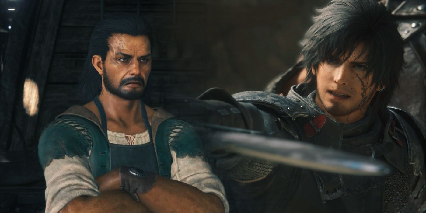 FF16 protagonist Clyde wielding a sword with a superimposed image of the game&rsquo;s blacksmith.