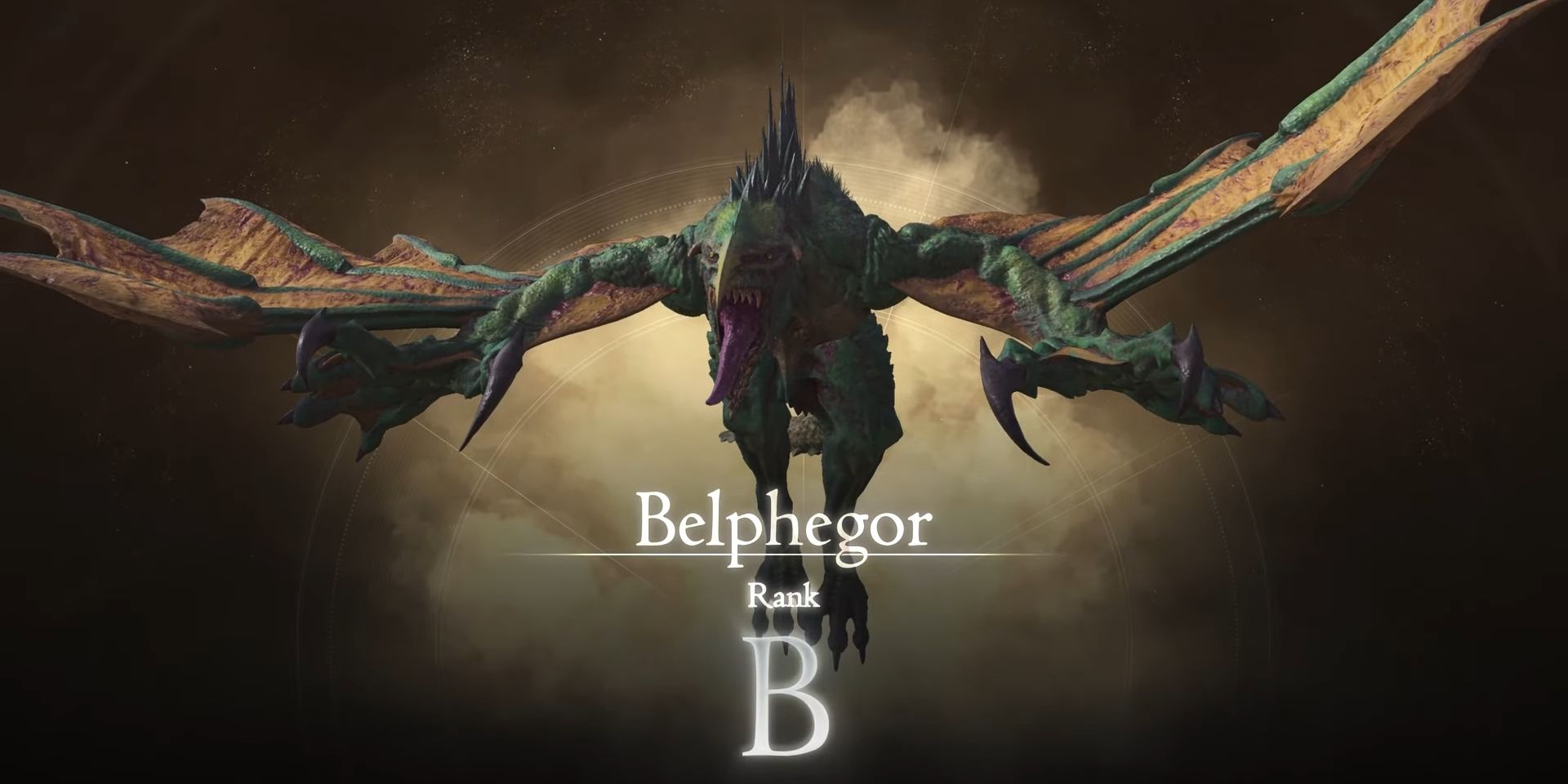 Belphegor's Hunt card in Final Fantasy 16, ranking it as a B-Rank mark. The green dragon Belphegoar flies and roars.