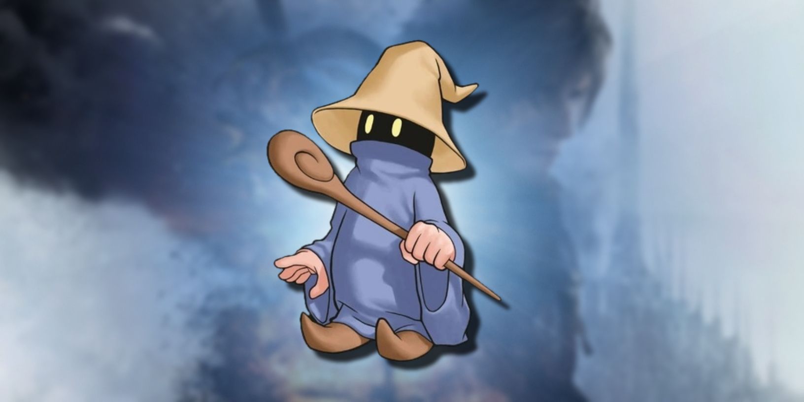 The black mage art for Final Fantasy Dawn of Souls superimposed on a blurred out image of a key art for Final Fantasy 16, featuring Clive and Ifrit.