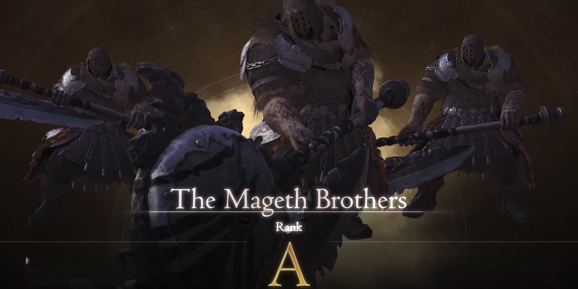 Final Fantasy 16's Mageth Brothers Hunt card, showing their are an A-Rank target. The three warriors hold their axes in hand.