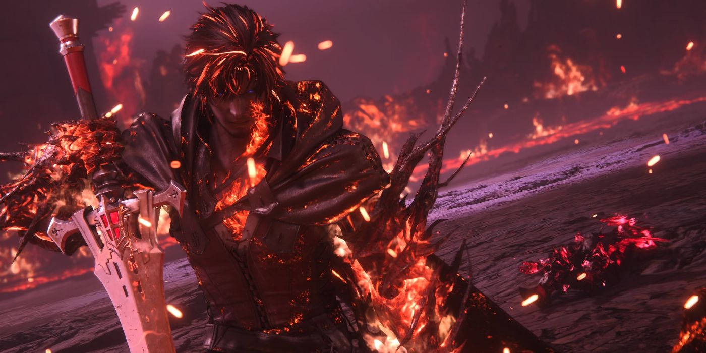 Final Fantasy 16's Clive is imbued with the power of Ifrit, making flames emerge from his body as he holds his sword in a fiery arena.